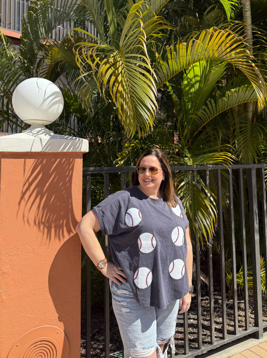 Sequin Baseball Patches Washed Short Sleeve Top