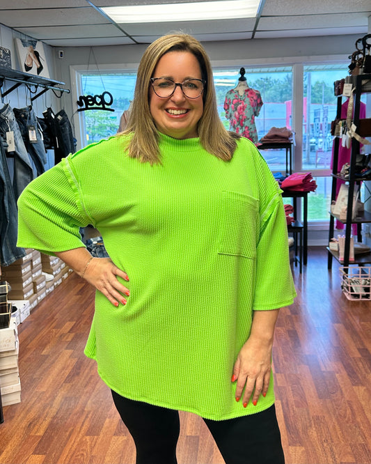 Oversized Drop Shoulder 3/4 Sleeve Ribbed Top