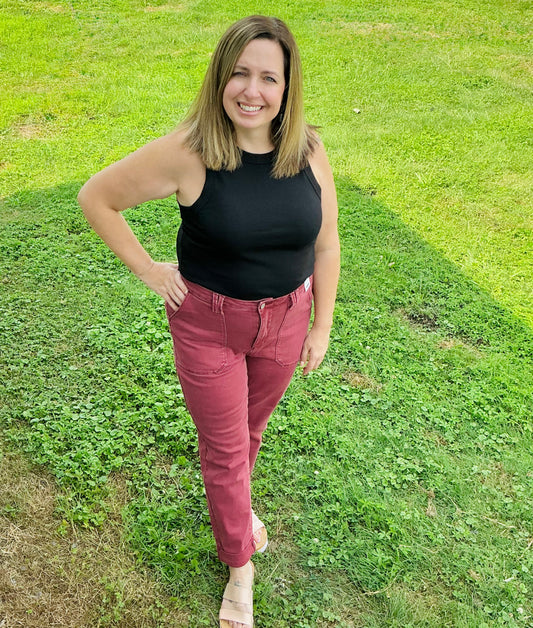 Judy Blue High Waist Aurora Weekender Garment Dyed Cuffed - Burgundy