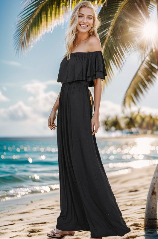 Ruffled Off Shoulder Solid Maxi Dress