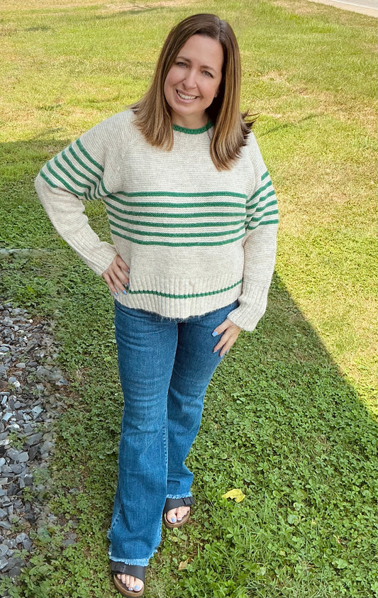 Relaxed Textured Knit Striped Ribbed Sweater