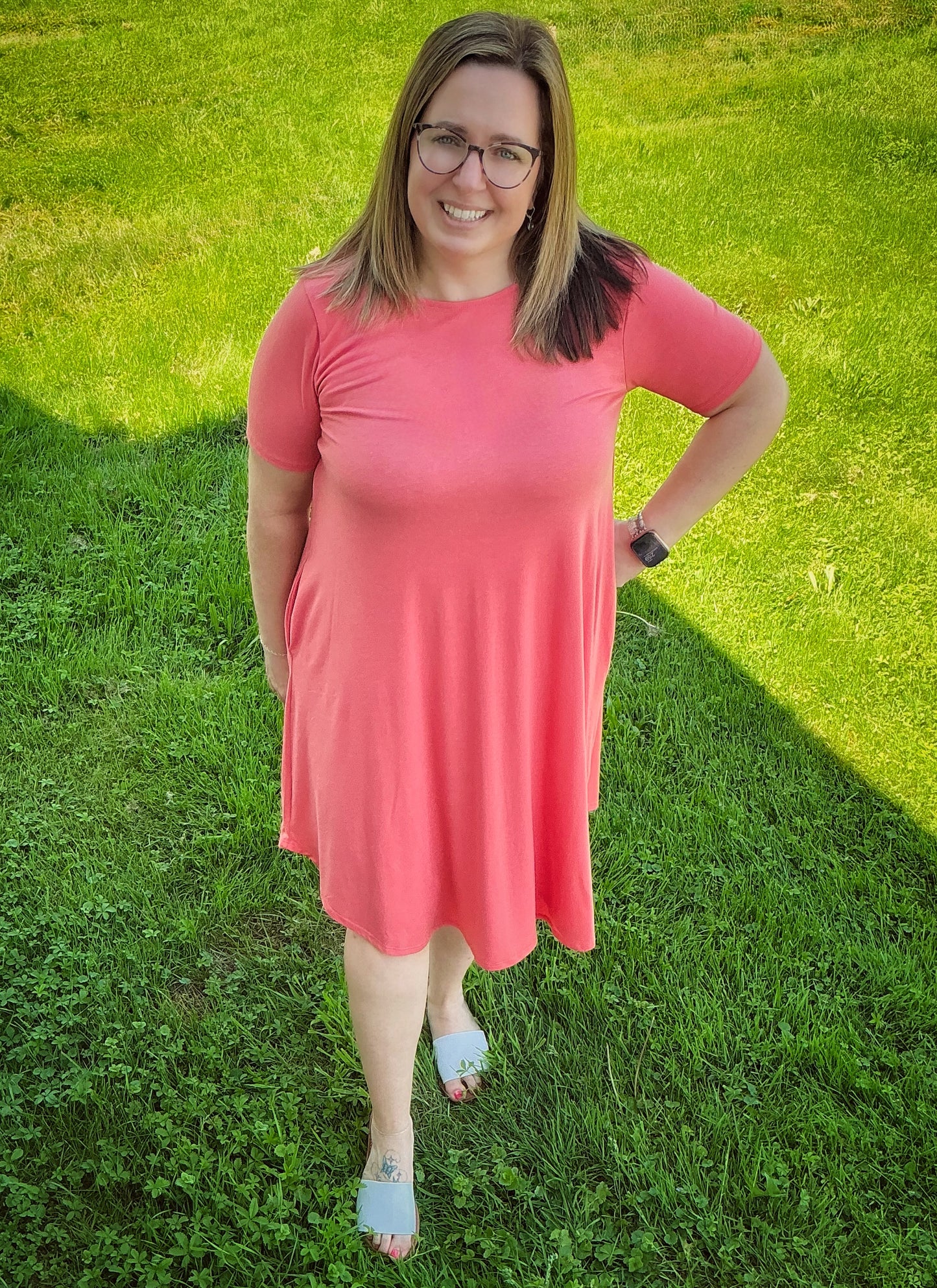 Rolled Short Sleeve V-Neck Dress