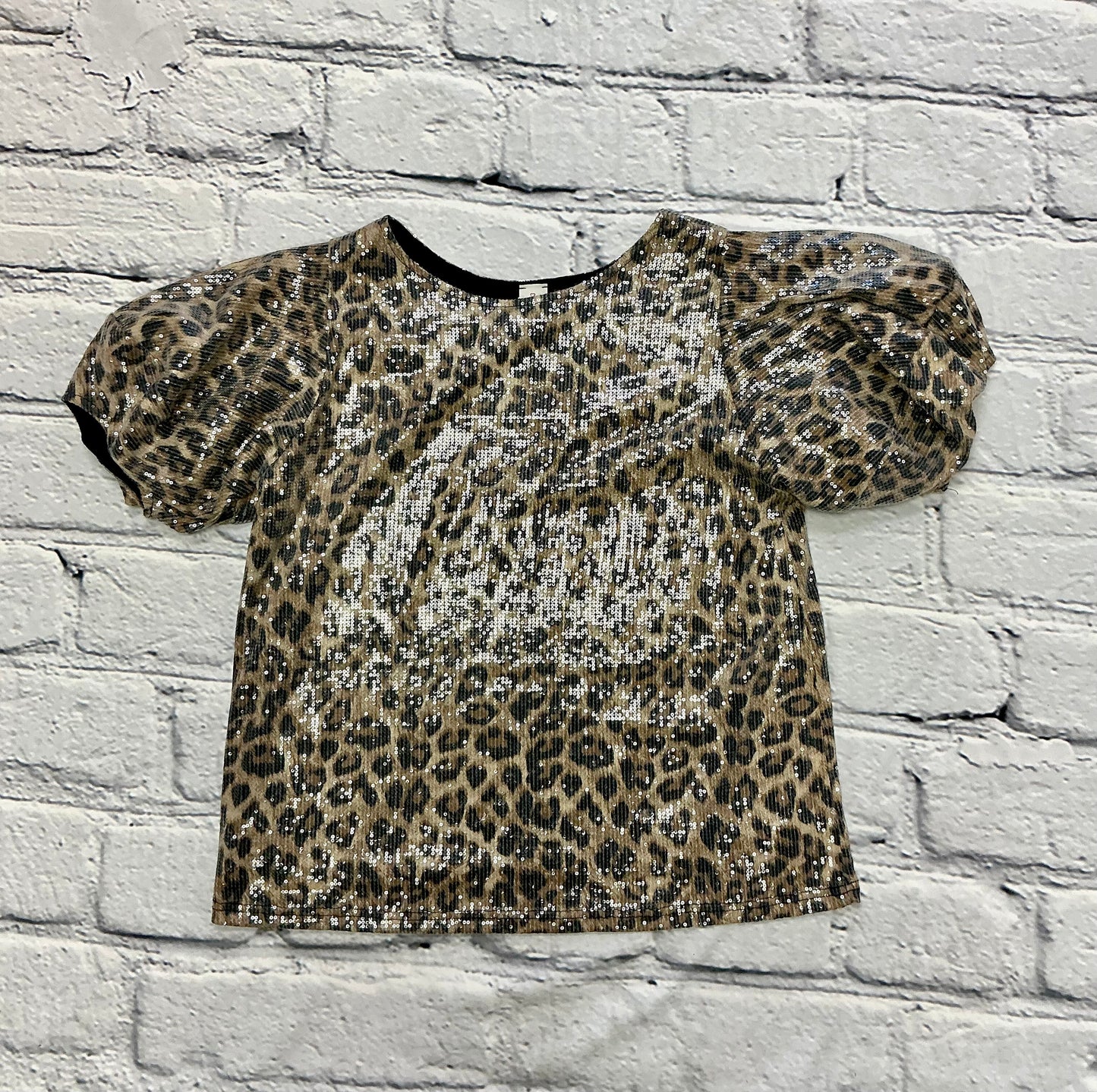 Sequin Puff Sleeve Leopard Print Top