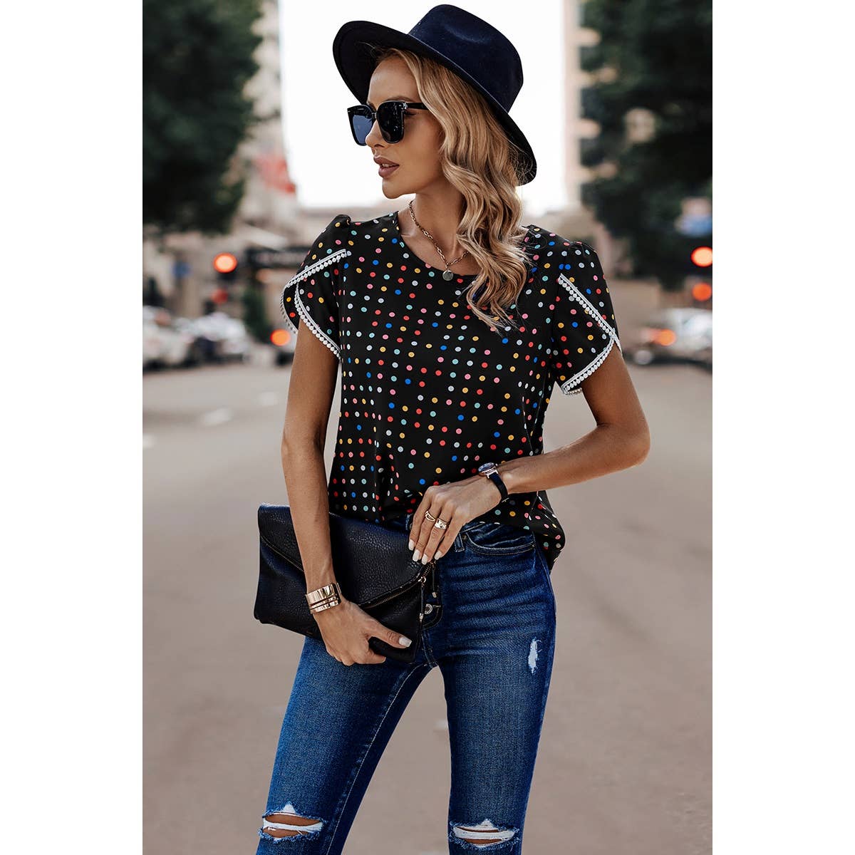 Round Neck Polka Dot Print Petal Sleeve Blouse