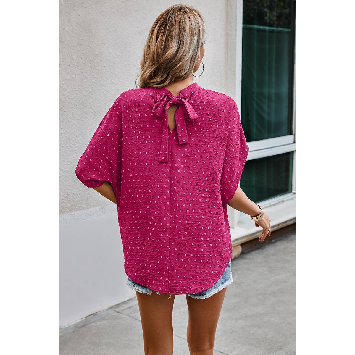 Solid Swiss Dot Mock Neck Drop Shoulder Blouse