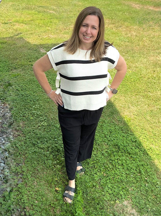 Stripe Side Tie Short Sleeve Knit Sweater