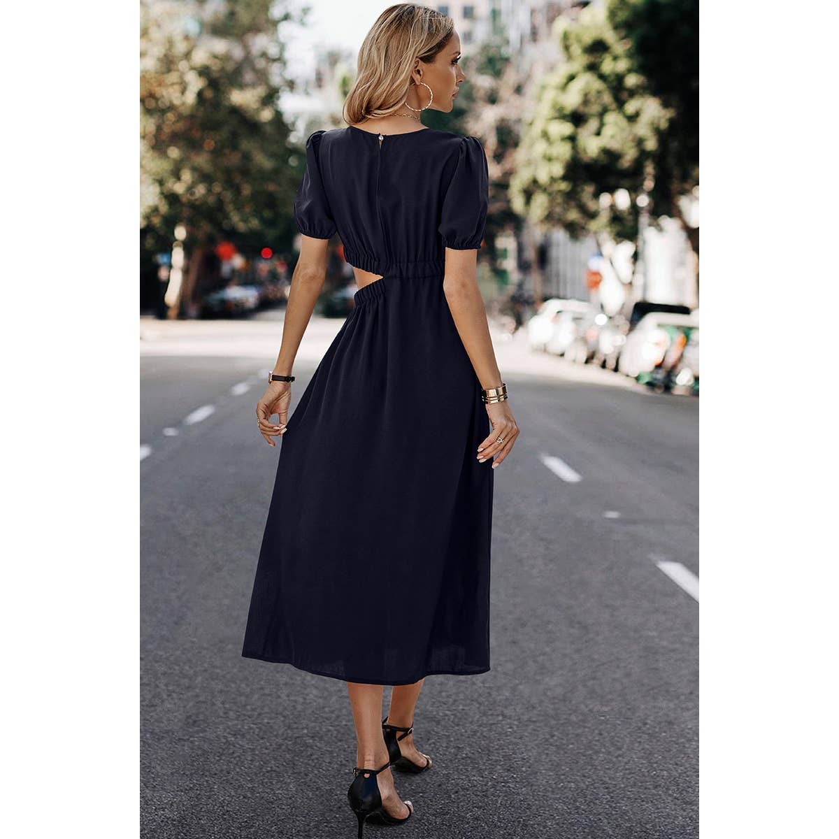 Solid Round Neck Cutout Waist A Line Midi Dress