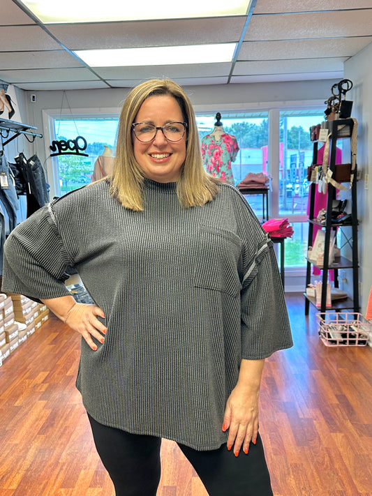 Oversized Drop Shoulder 3/4 Sleeve Ribbed Top