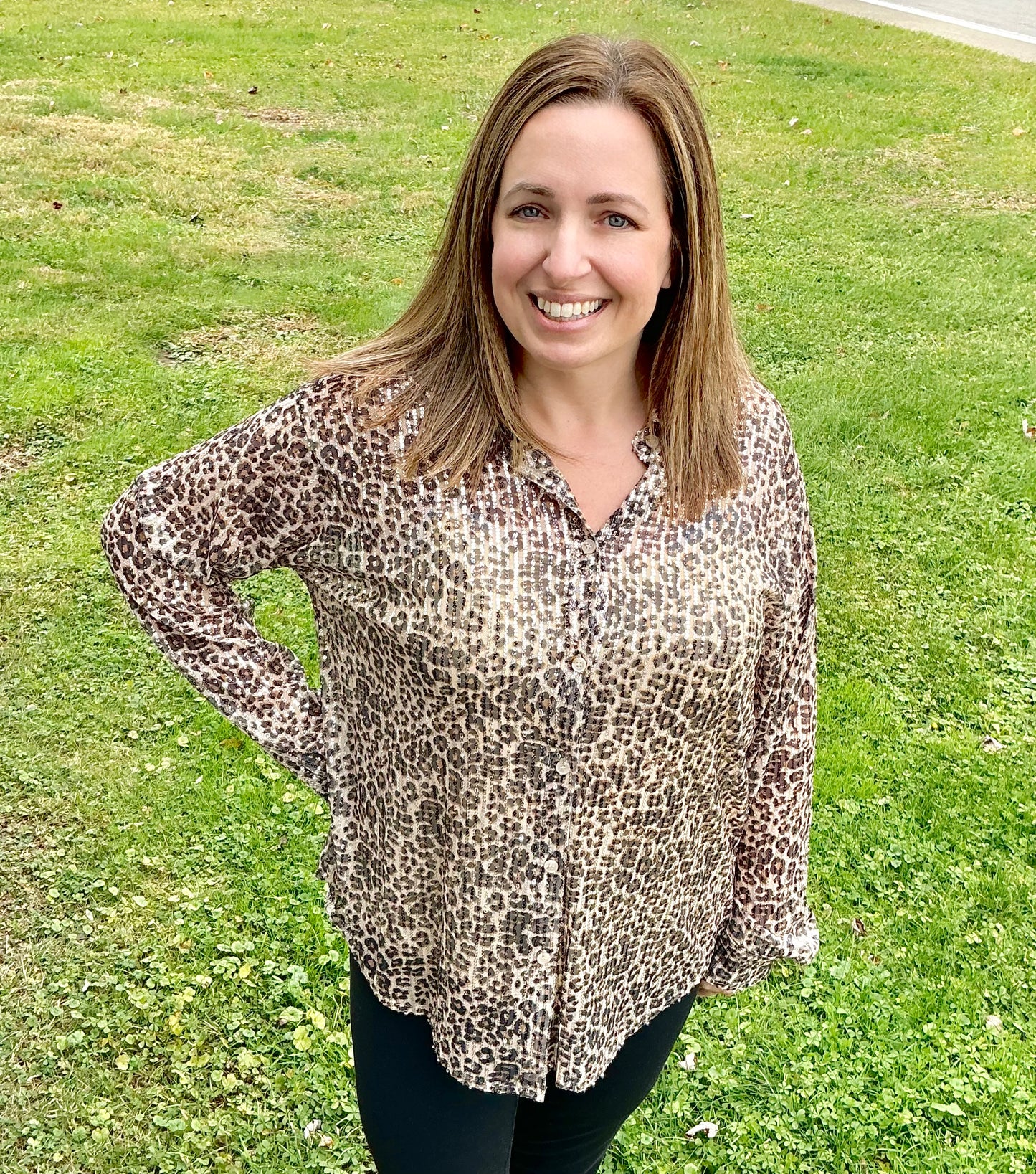 Relaxed Fit Leopard Print Sequin Button Down Shirt