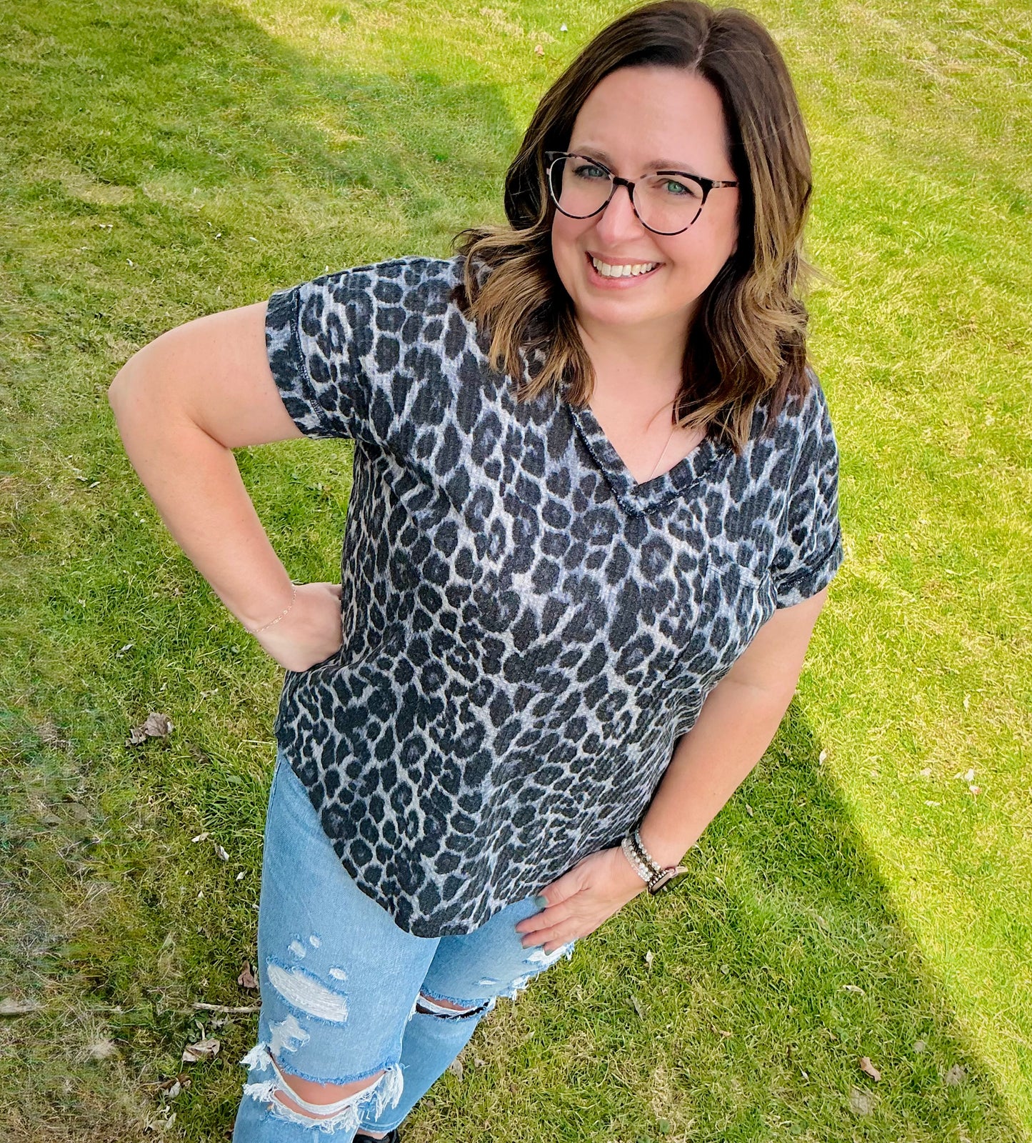 Grey Animal Print Dolman Top w/ Pocket and Round Hem