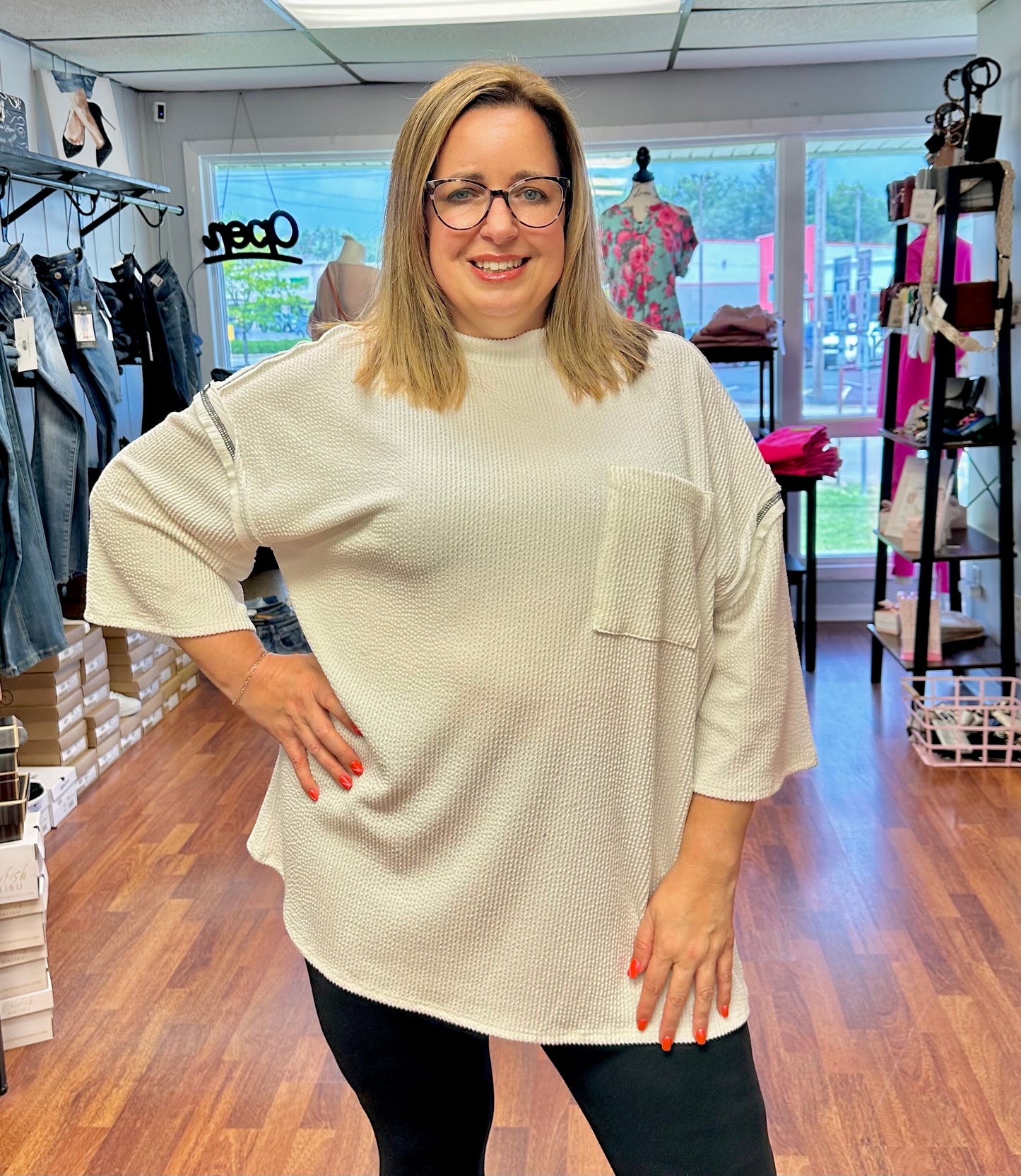 Oversized Drop Shoulder 3/4 Sleeve Ribbed Top