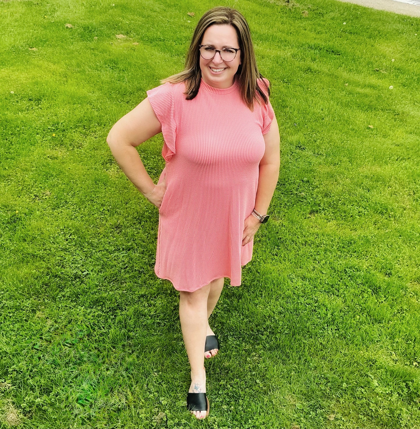 Solid Rib Ruffle Sleeve Dress