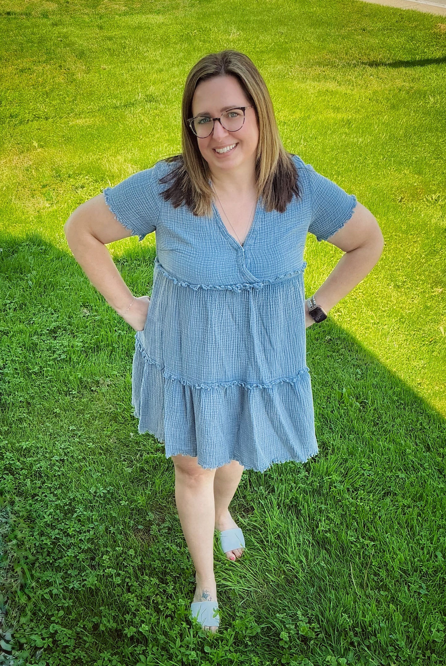 Blue Washed Frayed Detail Tiered Dress