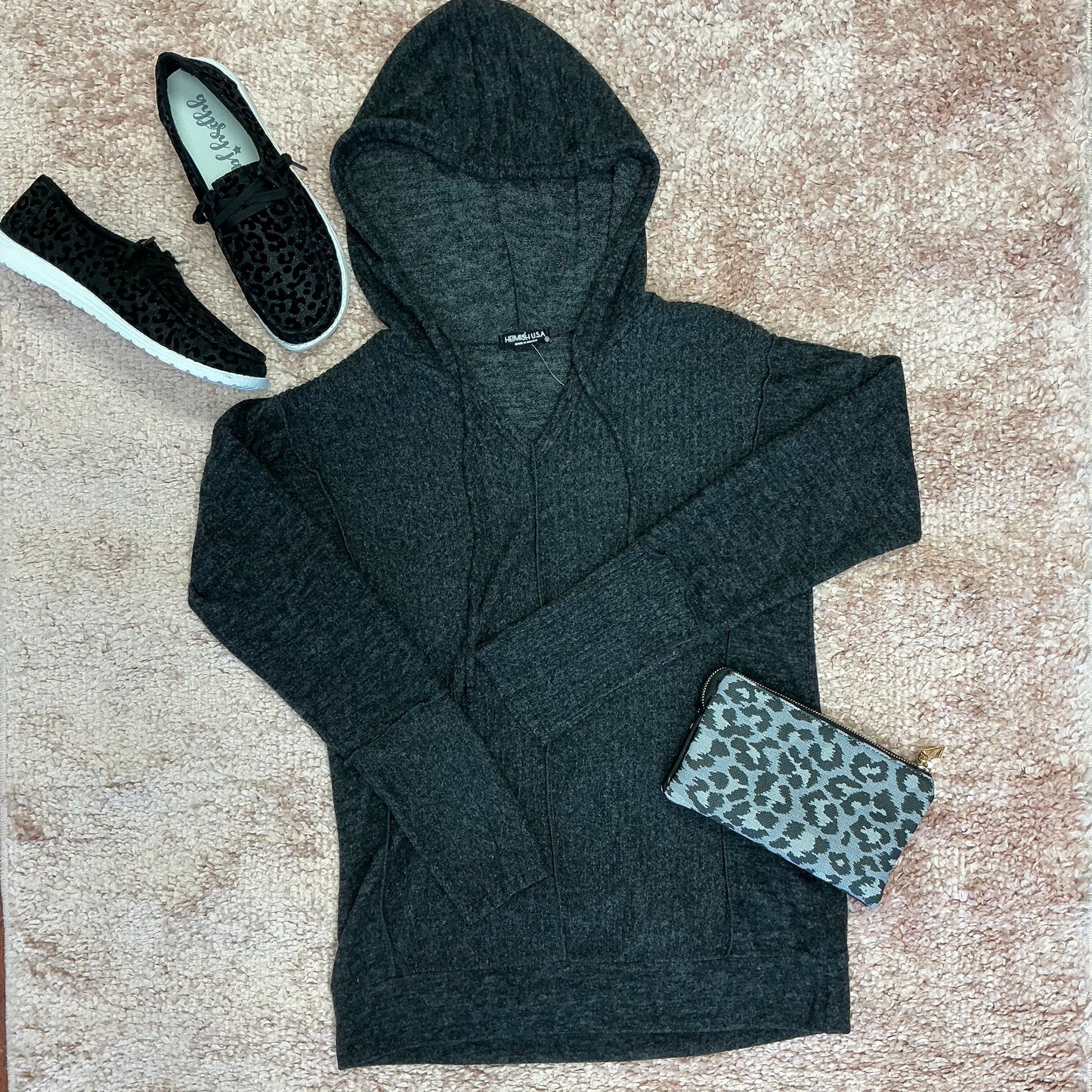 Solid and Ribbed Contrast Hooded Top