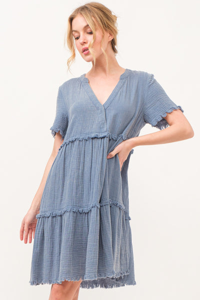 Blue Washed Frayed Detail Tiered Dress