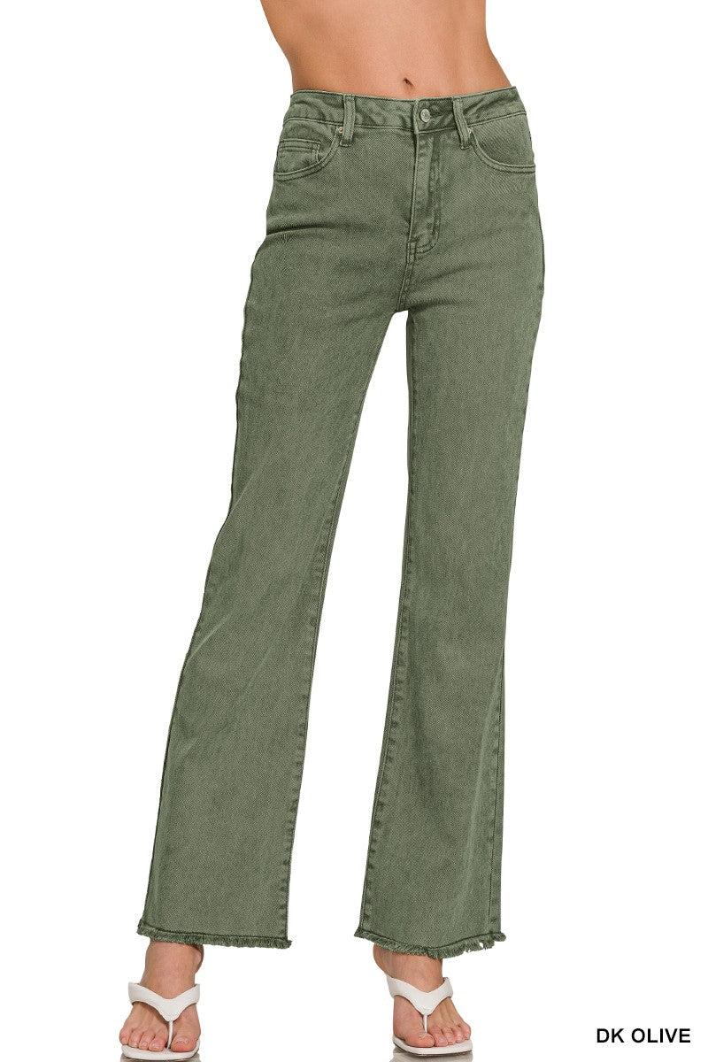 Acid Washed Frayed Cutoff Hem Straight Wide Pants