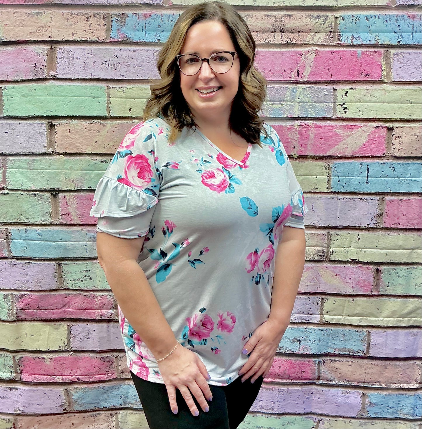 Grey/Fuchsia Dolman Sleeve w/ Double Ruffled Floral Top