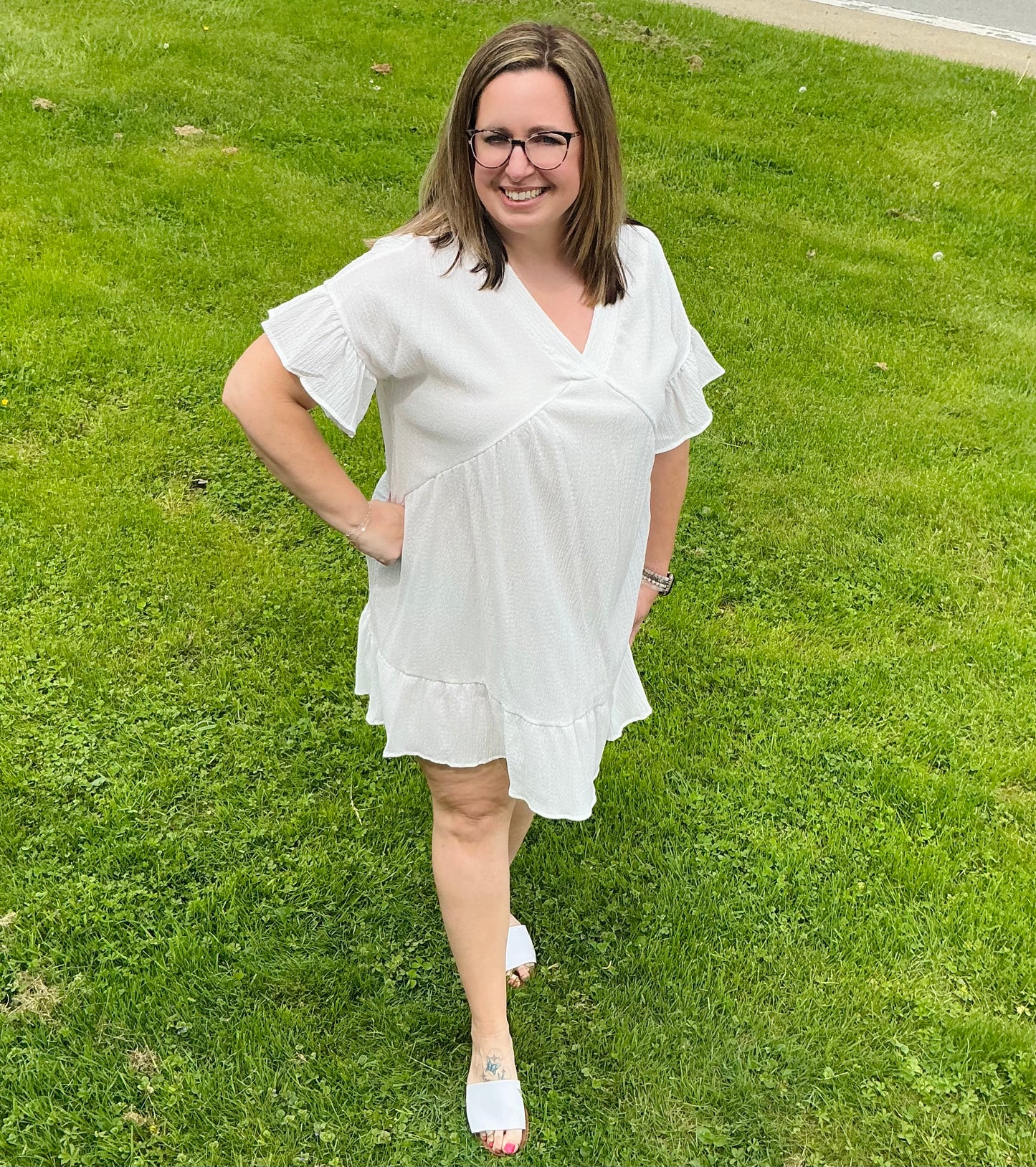 Solid Crinkle V Neck Tunic Dress