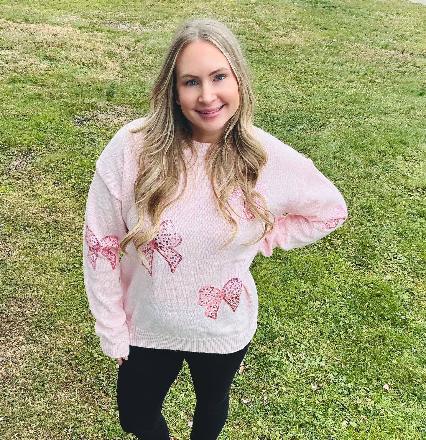 Knit Sequin Bow Round Neck Loose Fit Sweater