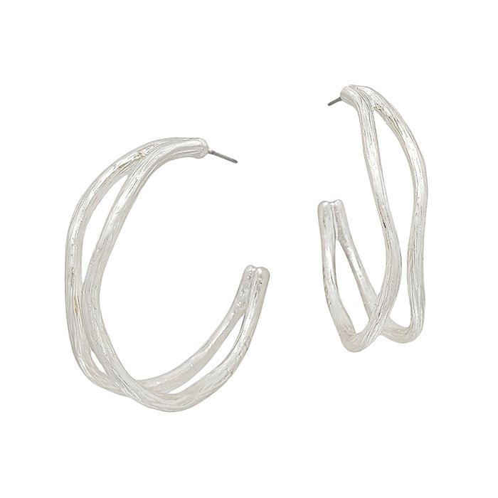 Worn Silver Waved 1.75" Hoop Earring