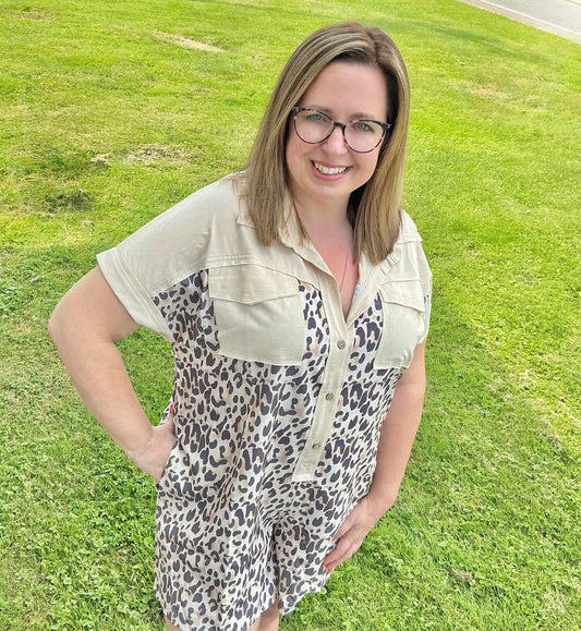 Leopard Print Combo Buttoned Collared Jumpsuit