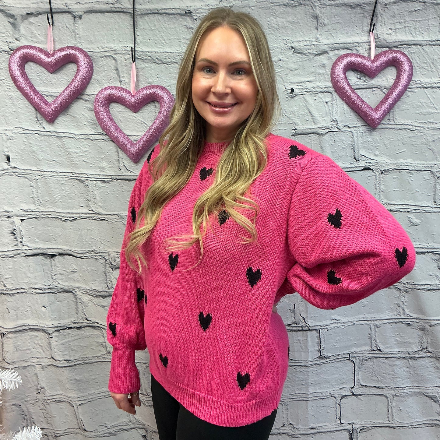 Heart Print Knit Round Neck Loose Fit Sweater