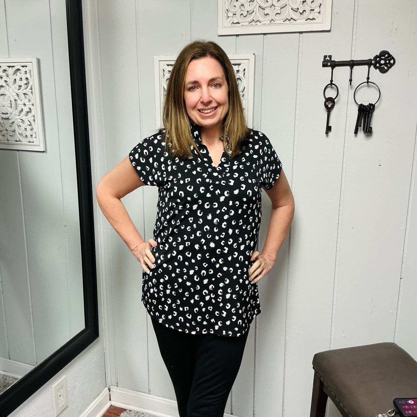 Black Animal Print Mandarin Collar Top