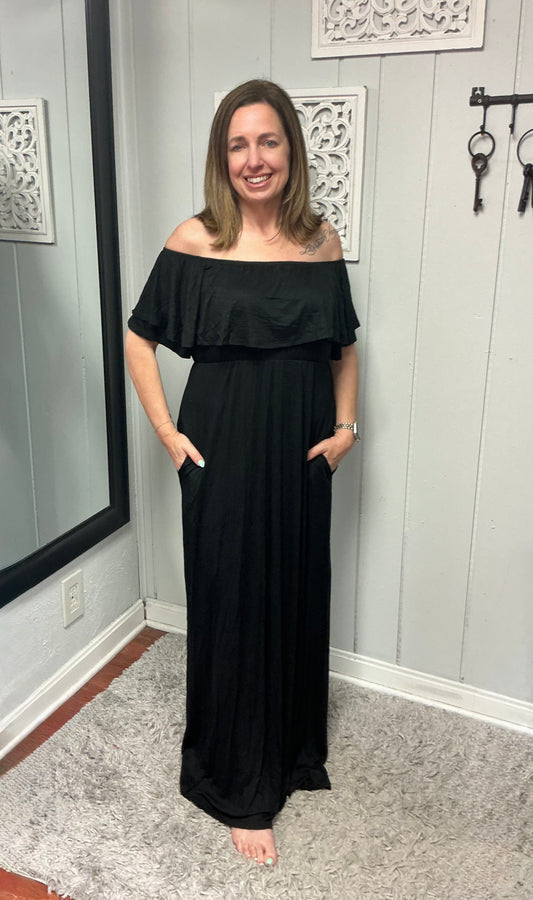 Ruffled Off Shoulder Solid Maxi Dress