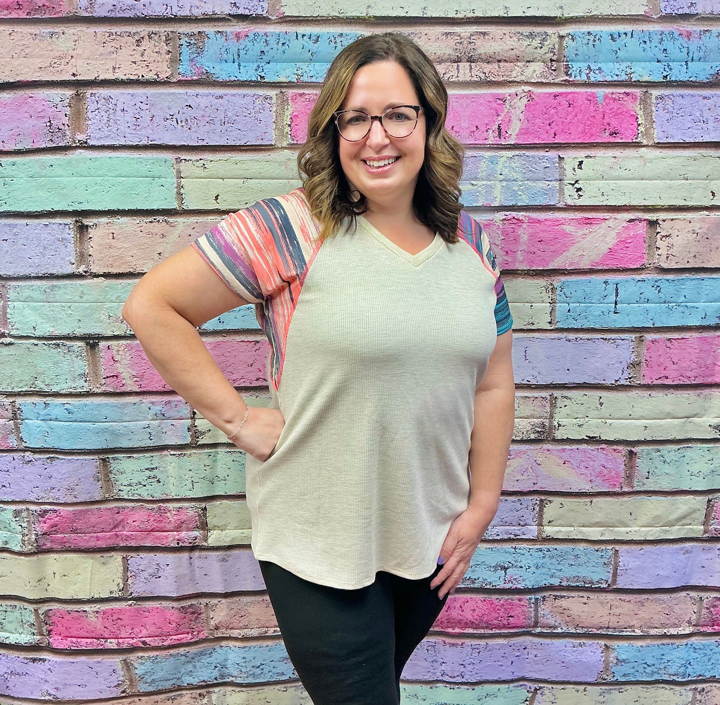 Solid Ribbed and Stripe Top with Stitch