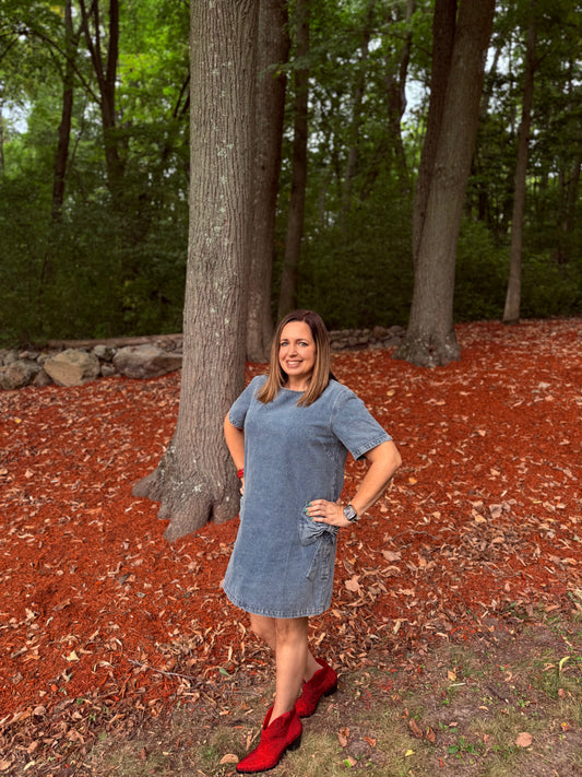 Bow Denim Dress with Back Zipper