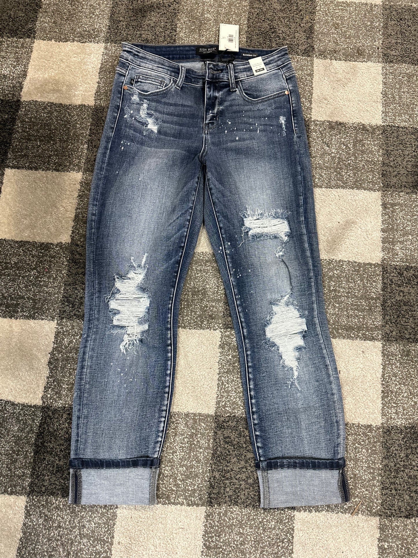 Judy Blue Mid-Rise Boyfriend Destroyed Bleach Splatter