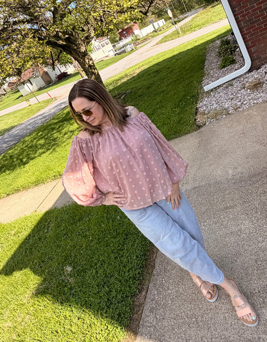 Off Shoulder Swiss Dot Long Sleeve Loose Top