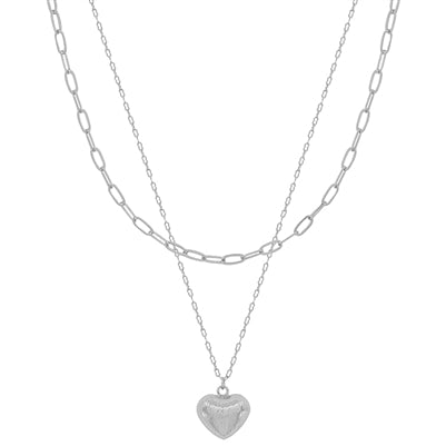 Silver Textured Heart with Chain Layered 16"-18" Necklace