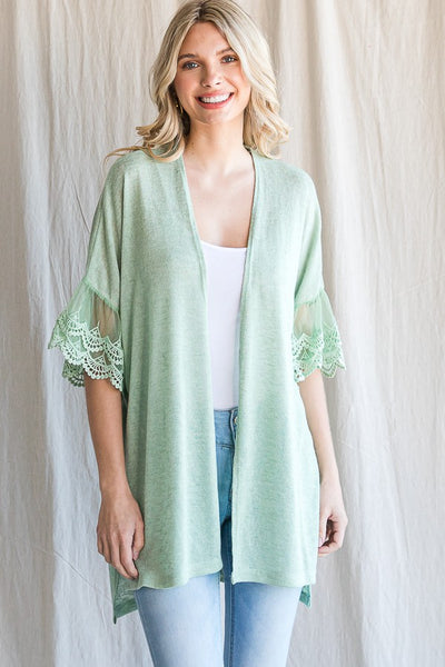 Lace Sleeve Open Cardigan in Sage