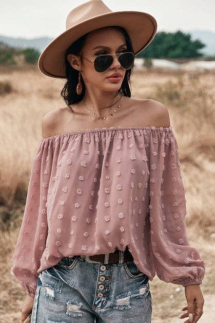 Off Shoulder Swiss Dot Long Sleeve Loose Top