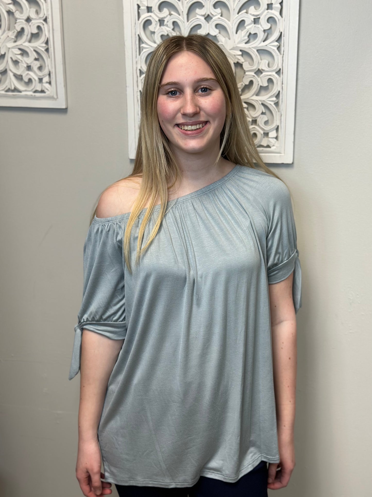 Off Shoulder With Self Tie Solid Top