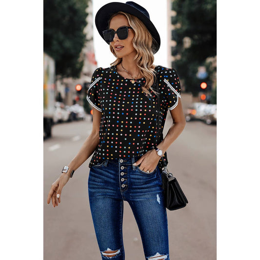 Round Neck Polka Dot Print Petal Sleeve Blouse