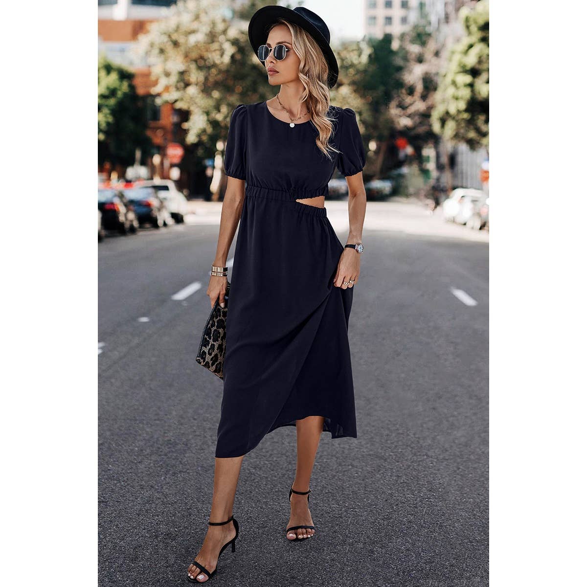 Solid Round Neck Cutout Waist A Line Midi Dress