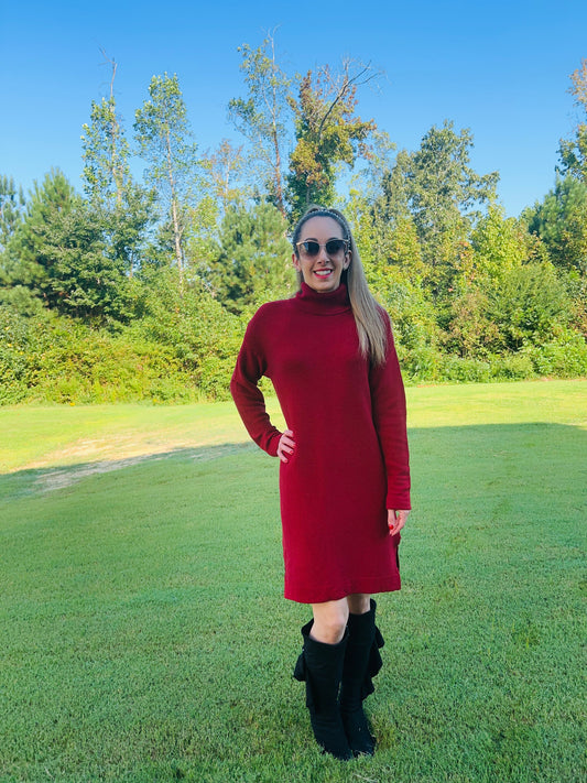 Knit Solid Turtleneck Midi Sweater Dress