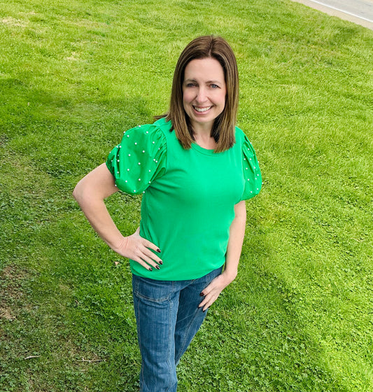Fashion St. Patrick's Ribbed Pearl Beaded Puff Sleeve Top
