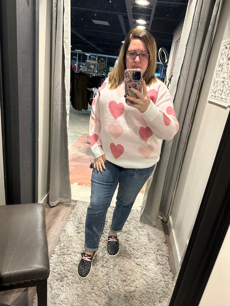 Two Tone Pink Hearts Pullover Sweater