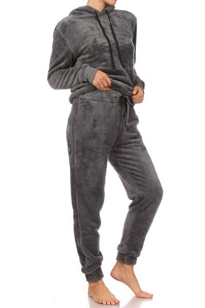 Fuzzy Plush Fur Hoodie & Jogger Pajamas
