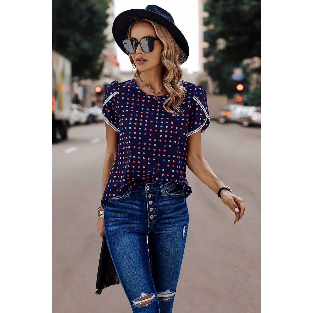 Round Neck Polka Dot Print Petal Sleeve Blouse