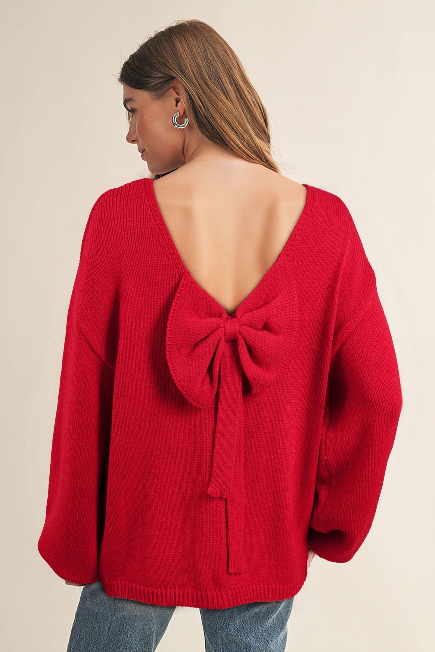 Bow Backless Crewneck Bubble Sleeve Sweater