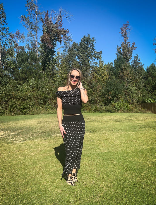 Off Shoulder Cowl Neck Polka Dot Rib Finished Top with Midi Skirt