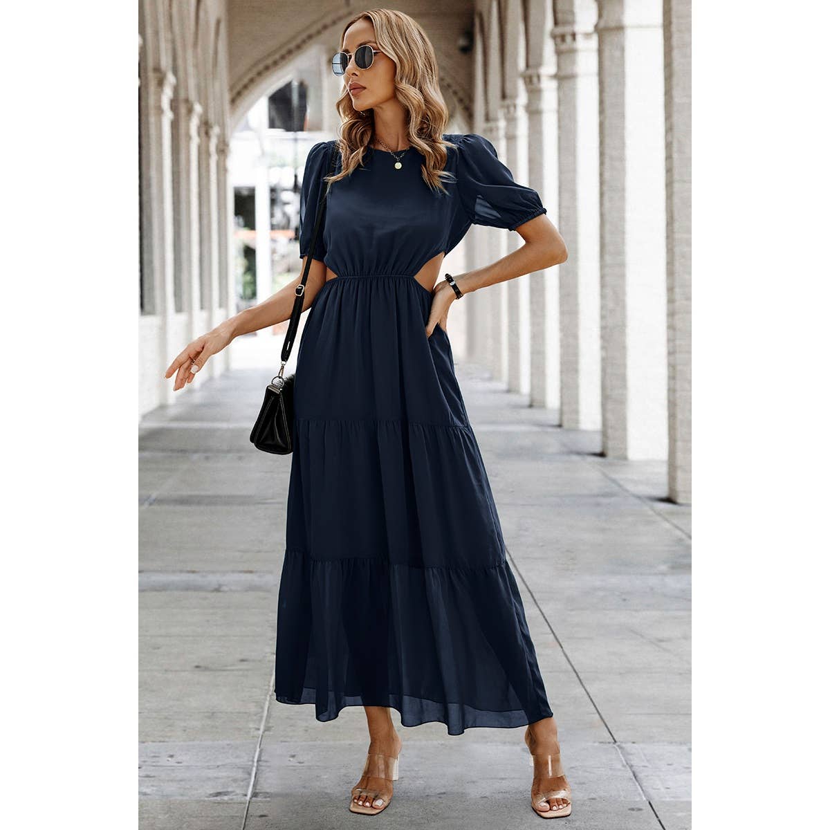Cut Out Waist Ruffle Hem Puff Sleeves Fit Dress
