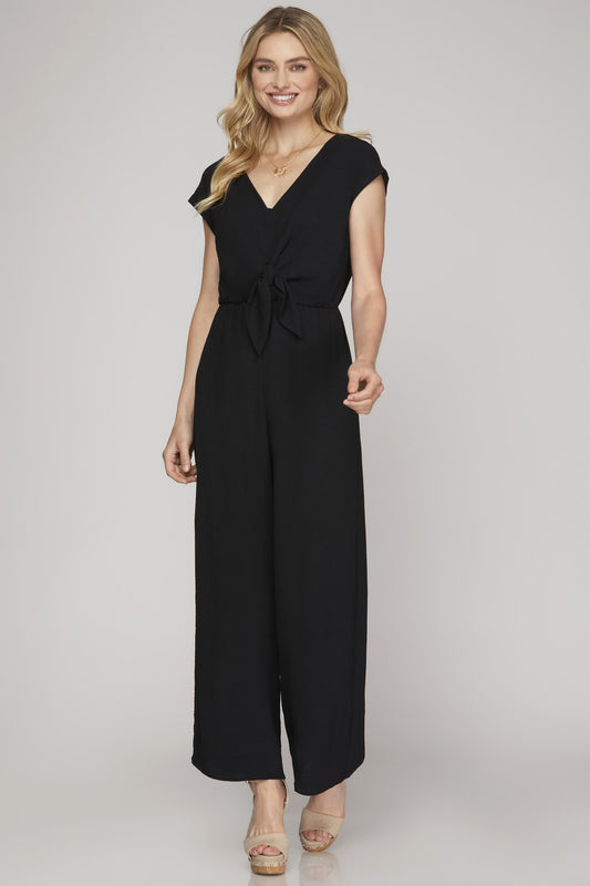 Short Sleeve Woven Jumpsuit in Black