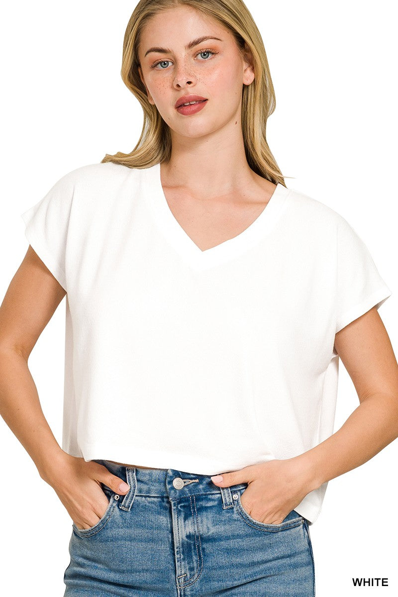 Soft Melange V-Neck Drop Shoulder Cropped Top