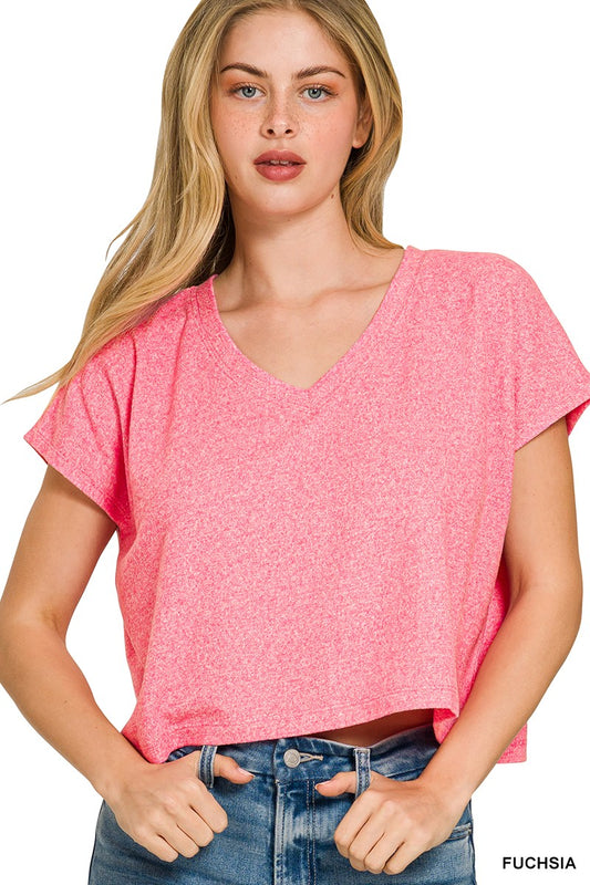 Soft Melange V-Neck Drop Shoulder Cropped Top