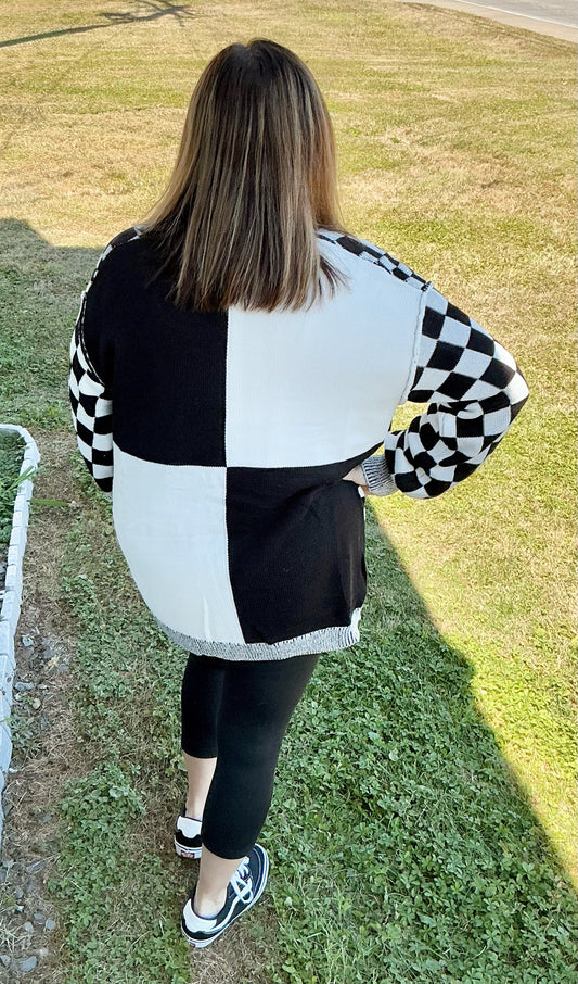 Checkered Open Front Drop Shoulder Cardigan
